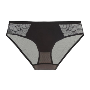 Detail of French style black eyelash lace and sheer mesh patchwork on low waist panties