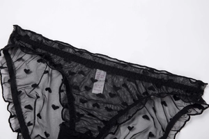 Detail of black mesh panties featuring flocked heart patterns and delicate ruffled edges