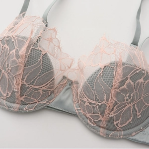 Elegant French eyelash lace bra in pastel blue and pink with sheer floral embroidery