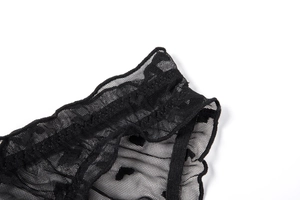 Close-up of intricate black lace embroidery and hexagon mesh texture on the bra
