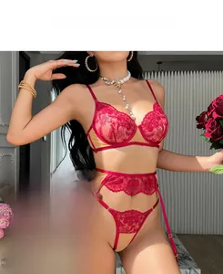 Detail of red floral lace lingerie set with underwire bra and garter belt