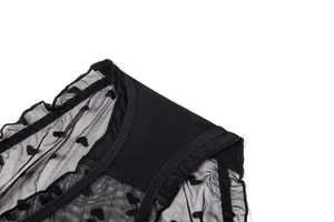 Close-up of black mesh lace panties with flocked heart patterns and ruffled edges