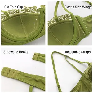 Lace bra set in matcha green with thin 0.3cm cups and adjustable straps for women