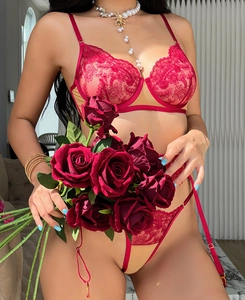Detail of red floral lace lingerie set with garters and delicate embroidery detail