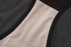 Detail of sheer black mesh stitching with beige cotton lining and elastic lace edges
