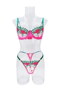 Detailed view of floral embroidery on sheer mesh lingerie with green silk straps