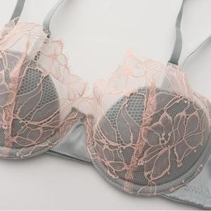 French lace bra set with delicate floral embroidery and eyelash lace in light blue