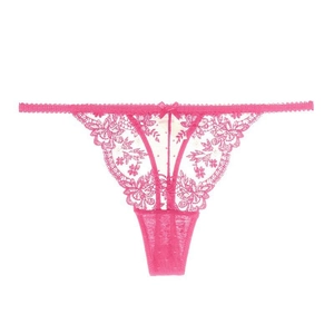 Rose red floral lace thong with elastic waistband and satin bow on white background