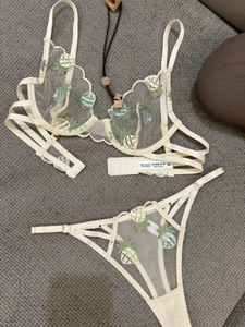 Detail of pineapple embroidery on sheer mesh lingerie set with scalloped edges