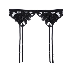 Sexy black floral lace garter belt with adjustable straps and decorative bow center