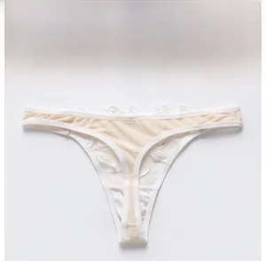 Détail de tulle transparent avec broderie florale et bords festonnés sur string beige