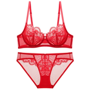 Detailed view of red lace lingerie set featuring sheer mesh and floral embroidery