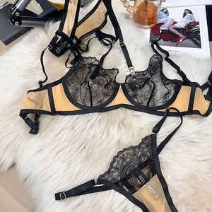Detail of black floral embroidery lace and sheer mesh on sexy three-piece lingerie set