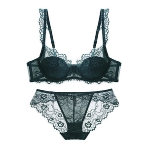 Flat lay of dark green sheer lace bra and matching panties set with floral patterns