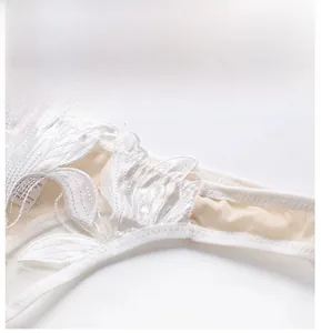 Gros plan détaillé sur la broderie florale en dentelle ivoire sur un mesh transparent