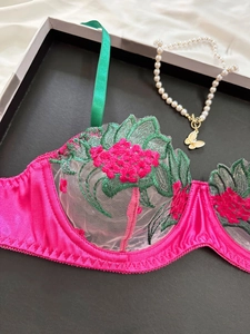 Detail of floral embroidery on sheer mesh bra with green straps and satin side wings
