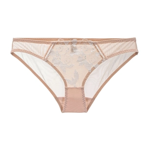 Close-up of sheer mesh underwear featuring white rose embroidery and delicate lace edges