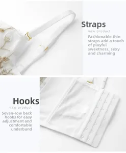 Detail of luxury white embroidery lace bra with thin straps and seven-row back closure