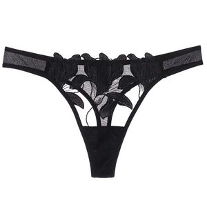 Tanga sexy en dentelle noire pour femme avec broderie florale et maille transparente