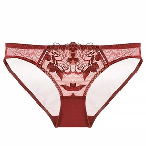 Close-up of deep red lace underwear with intricate floral embroidery and sheer mesh detail