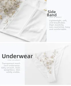 Detail of white mesh lingerie with floral embroidery, side bands and matching thong