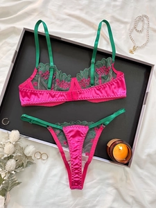 Detail of rose pink satin bra with dark green lace embroidery and silk accessories