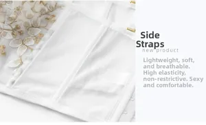 Detail showing breathable white mesh side band with gold embroidery and metal buckles