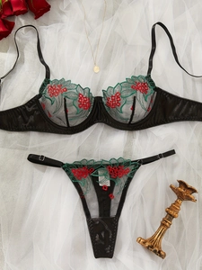 Detail of black lace lingerie with red rose embroidery and adjustable straps