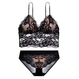 Detail of black lace lingerie set featuring sheer triangle bralette and matching panty