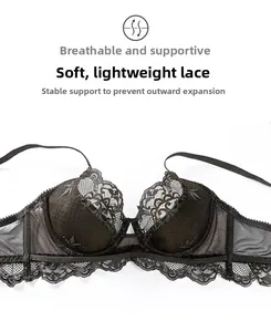 Close-up of black thin lace bra showing breathable mesh and soft floral embroidery