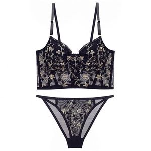 French luxury black lace bustier lingerie set with delicate floral embroidery details