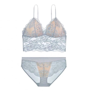 French style light blue lace bralette and panty set with floral embroidery details