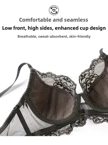 Detailed view of dark grey lace bra featuring low-front high-side cup design and mesh wings