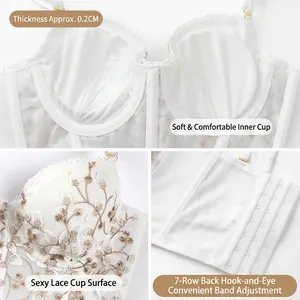 Luxurious French white lace embroidery bra with thin 0.2cm cups and 7-row back buckles