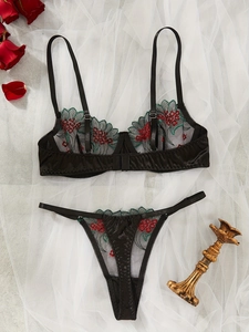 Detail of black mesh lingerie set with intricate red and green floral embroidery