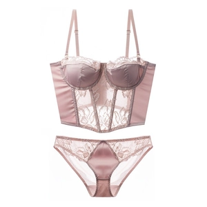 Detail of pink satin lingerie set with floral lace panels and adjustable straps