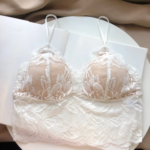 Detail of white floral lace triangle bra with fine straps and delicate scalloped edges