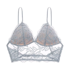 Close-up of light blue lace embroidery with delicate floral patterns and thin straps