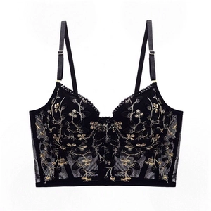 Lace bra with gold floral embroidery and adjustable straps in retro French style