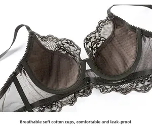 Detail of breathable soft cotton inner cups on a black lace bra for a seamless fit