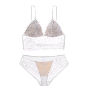 Close-up of white French lace lingerie set with floral patterns and triangle soft cups