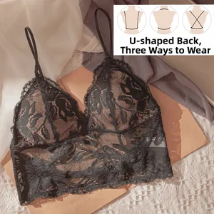 Detail view of black lace U-back bra showing three adjustable strap styling options