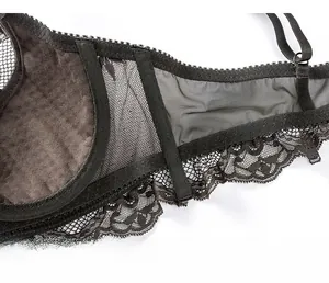 Detail of black lace bra showing widened side wings for support and breathable mesh