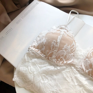 Detailed macro view of white lace bralette with delicate eyelash trim and thin straps