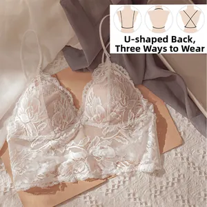 Detail of white lace bra showing U-shaped back design and three-way convertible straps