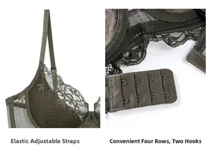 Detail of green lace cups with embroidery and adjustable elastic shoulder straps