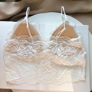 Detailed close-up of white floral lace bralette with adjustable thin straps and soft pads