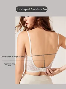 Detail of white lace bra with a deep U-shaped open back design and 8cm lower back cut