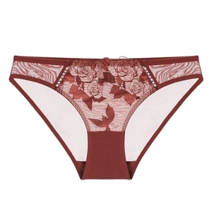 Lace embroidery briefs for women in deep red floral pattern with sheer mesh details