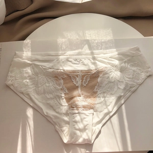 Detail of white semi-transparent lace panties with delicate floral embroidery pattern